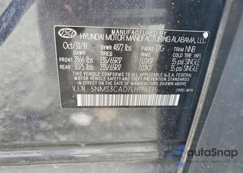 2020 Hyundai Santa Fe Sel from USA, damaged, VIN 5NMS3CAD7LH196395